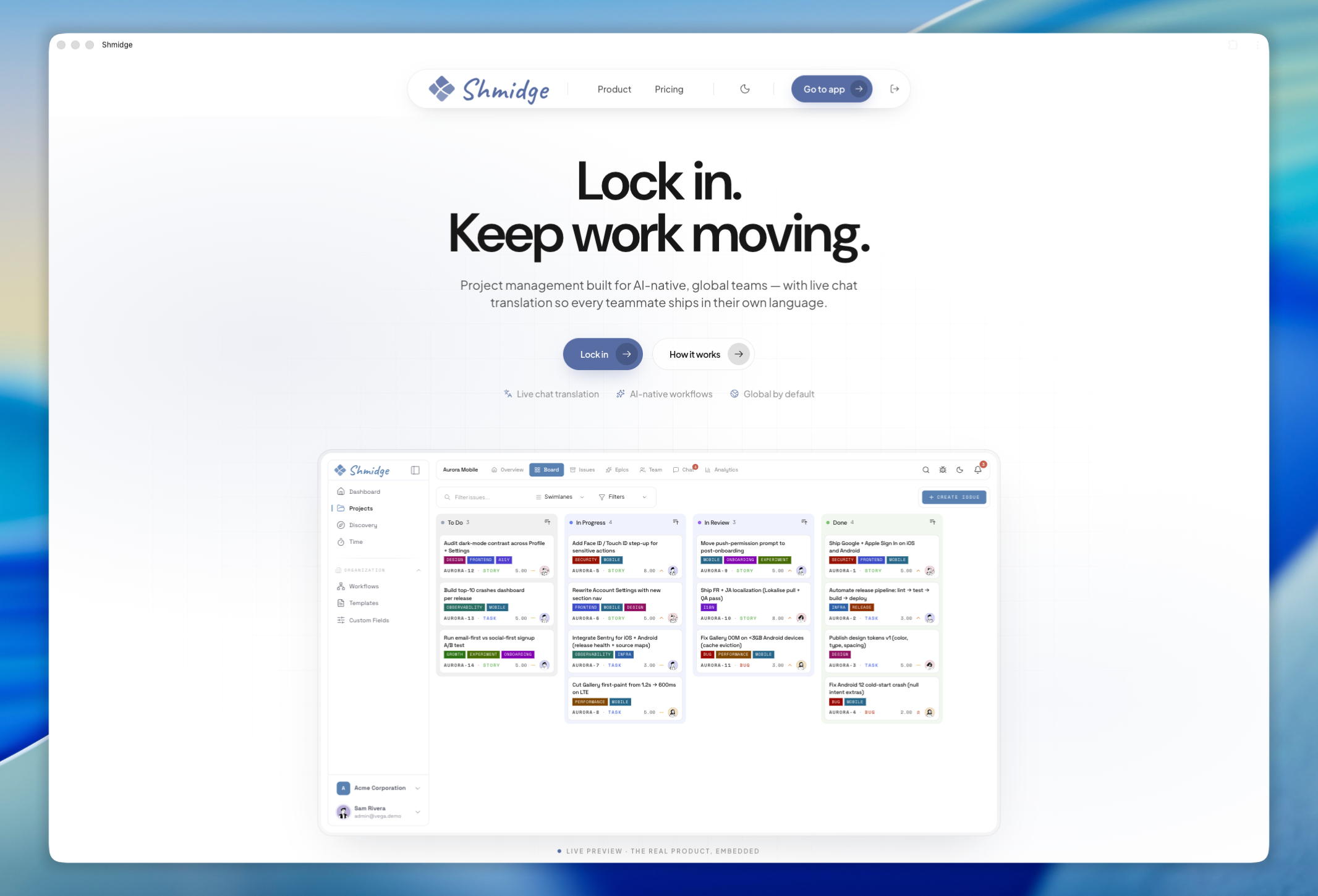 Shmidge landing page: Lock in. Keep work moving.